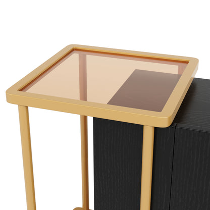 BTM Sideboard Cabinet with 2 Doors & 2 Open Shelves (Sideboard, Dresser, Storage Cabinet), Metal Frame, Glass Top, 120×40×77.5 Cm