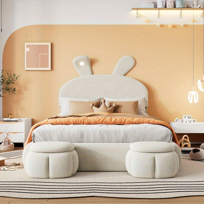 Beige Velvet Opbergbed – Bed Frame Met Opbergruimte – Tweepersoonsbed – Slaapbank – Bed Met Hoofdbord – 140x200 cm – Met Warm Verstelbaar Licht – Inclusief 2 Krukken