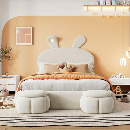Beige Velvet Opbergbed – Bed Frame Met Opbergruimte – Tweepersoonsbed – Slaapbank – Bed Met Hoofdbord – 140x200 cm – Met Warm Verstelbaar Licht – Inclusief 2 Krukken