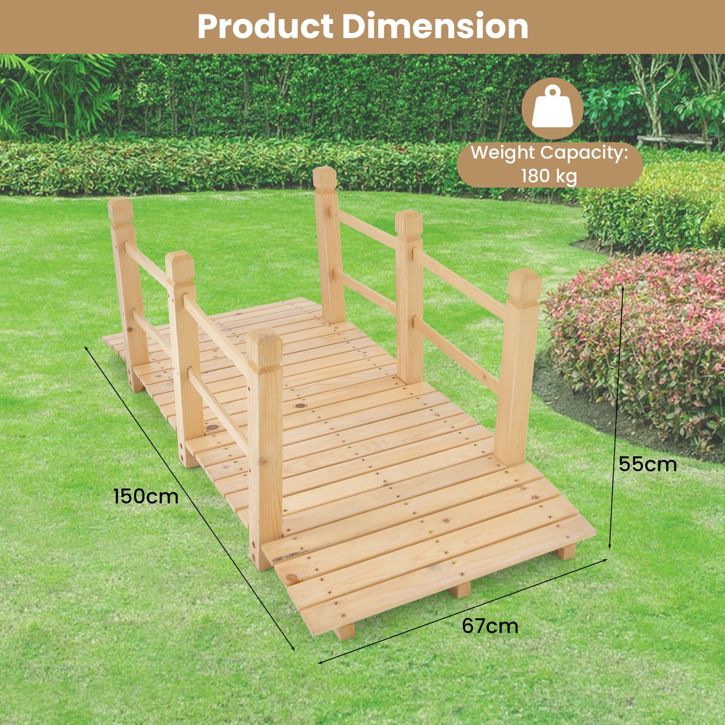 Houten Tuinbrug – Tuinbrugje – Vijverbrug – Slootbrug – Decoratieve Brug – Carbongecarboniseerd Vurenhout – Dubbele Veiligheidsleuningen – 150 x 67 x 55 cm – Draagvermogen 180 kg
