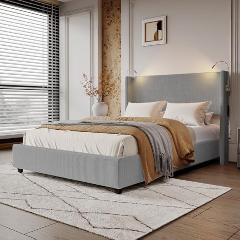 Tweepersoonsbed – Bedframe – Opbergbed – Slaapbed – Ribfluwelen Bed – Met Opbergruimte – Met Geïntegreerde Leeslamp – 140x200 cm – Grijs