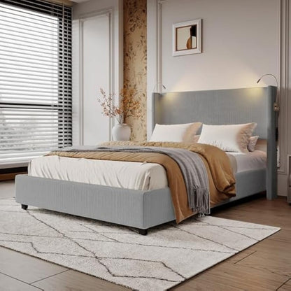 Tweepersoonsbed – Bedframe – Opbergbed – Slaapbed – Ribfluwelen Bed – Met Opbergruimte – Met Geïntegreerde Leeslamp – 140x200 cm – Grijs