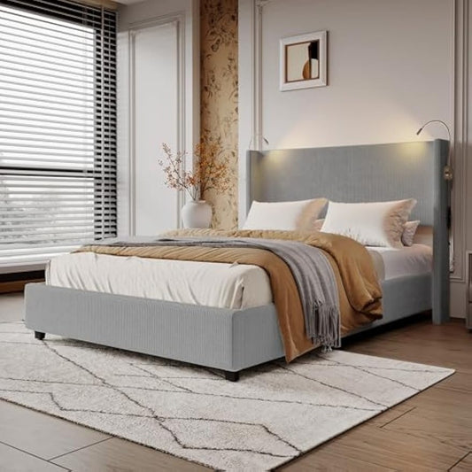 Tweepersoonsbed – Bedframe – Opbergbed – Slaapbed – Ribfluwelen Bed – Met Opbergruimte – Met Geïntegreerde Leeslamp – 140x200 cm – Grijs