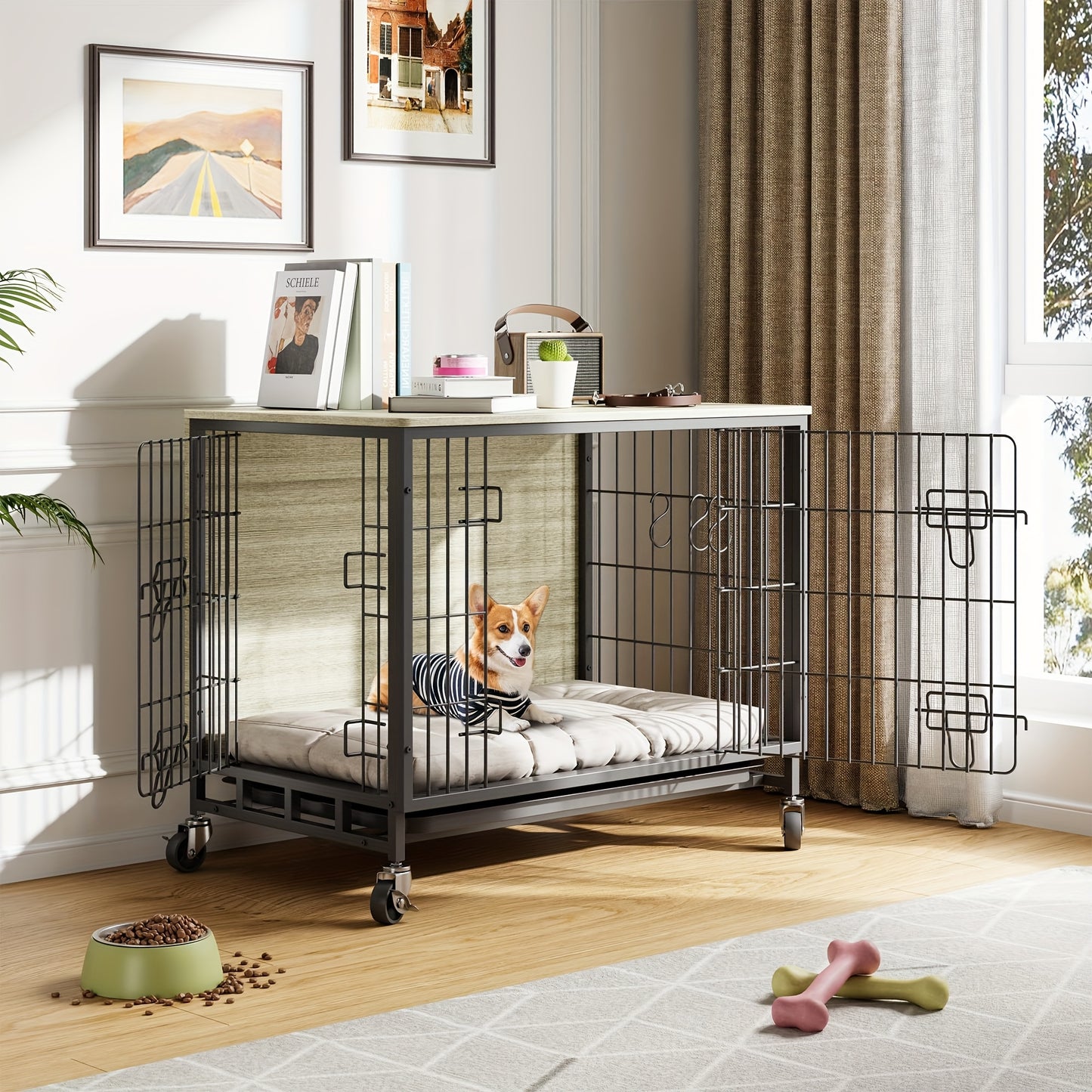 Hondenbench – Hondenkooi – Hondenhuisje – Bench Hond – Hondenhok – Hout – Dubbele Deuren – Met Wieltjes – Grijs – 70x50 cm – Voor Kleine en Middelgrote Honden