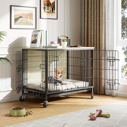 Hondenbench – Hondenkooi – Hondenhuisje – Bench Hond – Hondenhok – Hout – Dubbele Deuren – Met Wieltjes – Grijs – 70x50 cm – Voor Kleine en Middelgrote Honden