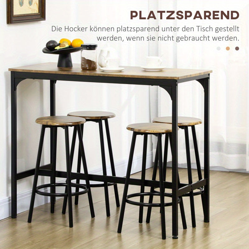 5-delige Eettafelset – Eetgroep – Barset – Keukentafelset – Industrieel Design – Rustiek Bruin – Stevig Metaal Frame – Ruimtebesparend Compact