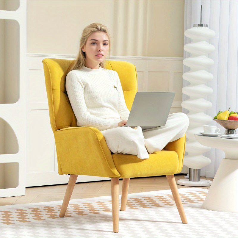 Fauteuil – Relaxstoel – Lounge Chair – Leunstoel – Zetel – Mosterdgeel – Fluweelbekleding – Massief Houten Poten – Direct Gebruiksklaar – Comfortabele Dikke Zitkussen