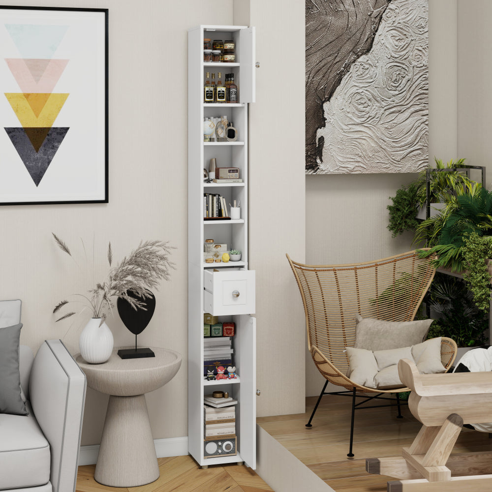 Badkamerkast – Medicijnkast – Kolomkast – Opbergkast – Wastafelonderkast – Hoog en Slank – 180 cm – 2 Deuren, 1 Lade, 4 Verstelbare Planken – Vrijstaand – Wit