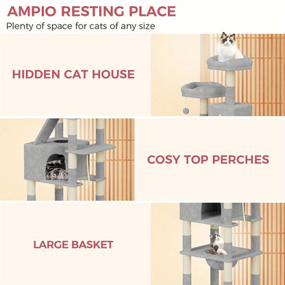 Dogat Large Cat Tree, XXL Cat Scratching Post, Large, Tilt-Proof with 3 Exclusive Reinforcement Clips, 208cm High, 16 Scratching Posts, Cat House And Hammock, Scratching Board
