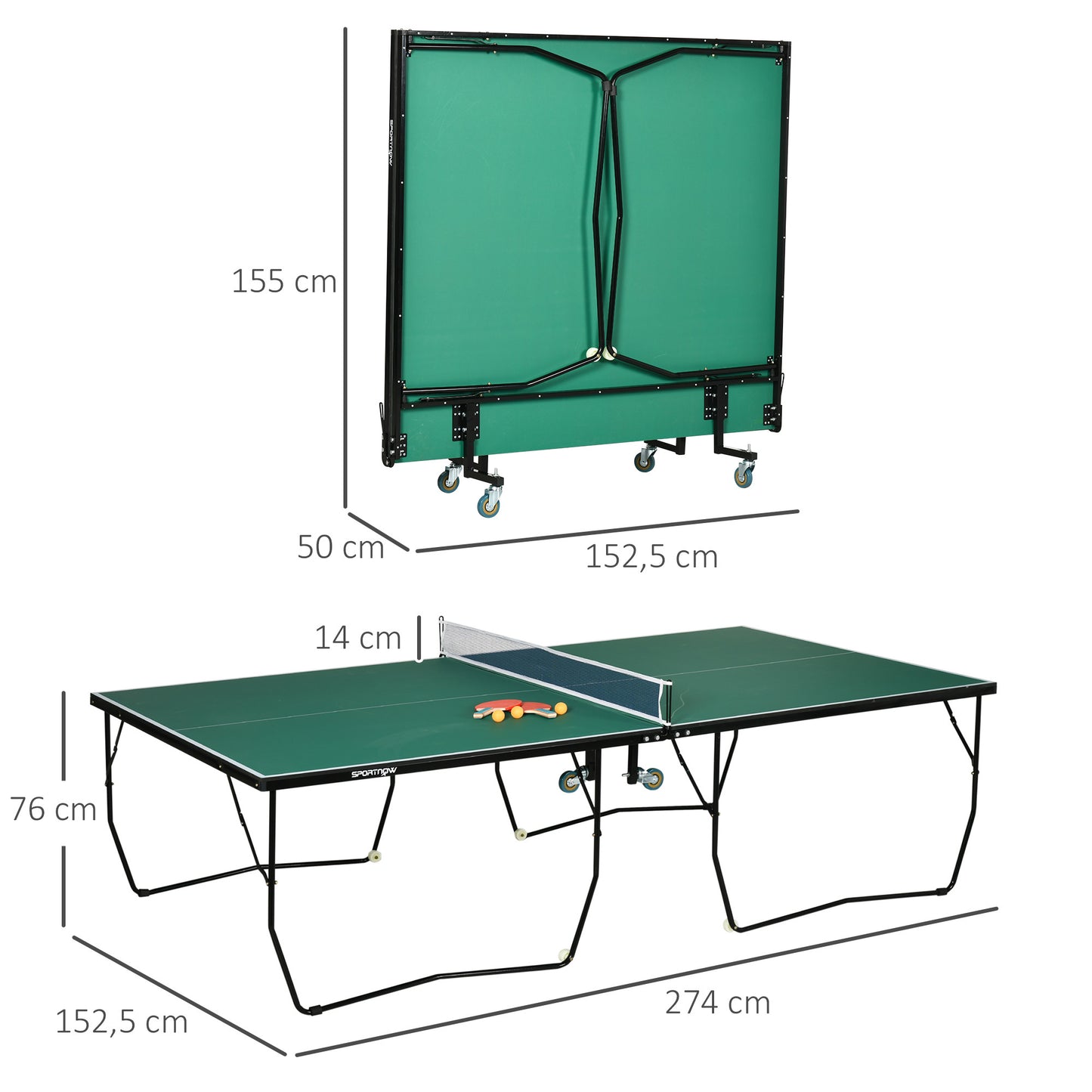 Tafeltennistafel – Pingpongtafel – Tafeltennisbord – Inklapbare Tafel – Speeltafel – Inklapbaar Design – 8 Wieltjes Voor Makkelijk Verplaatsen – 274x152,5x76 cm – Robuust IJzeren Frame – Inclusief Peddels En Ballen – Groen