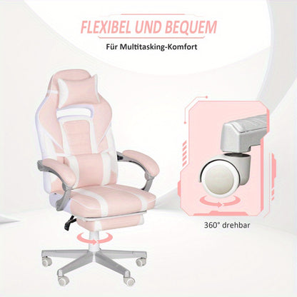 Gamingstoel – Gamestoel – Gaming Chair – Bureaustoel – Game Stoel – Ergonomisch Design – Verstelbare Hoogte 48-55,5 cm – Roze PU Leder – Met Lenden- en Neksteun – Max 120 kg – 360° Draaibaar