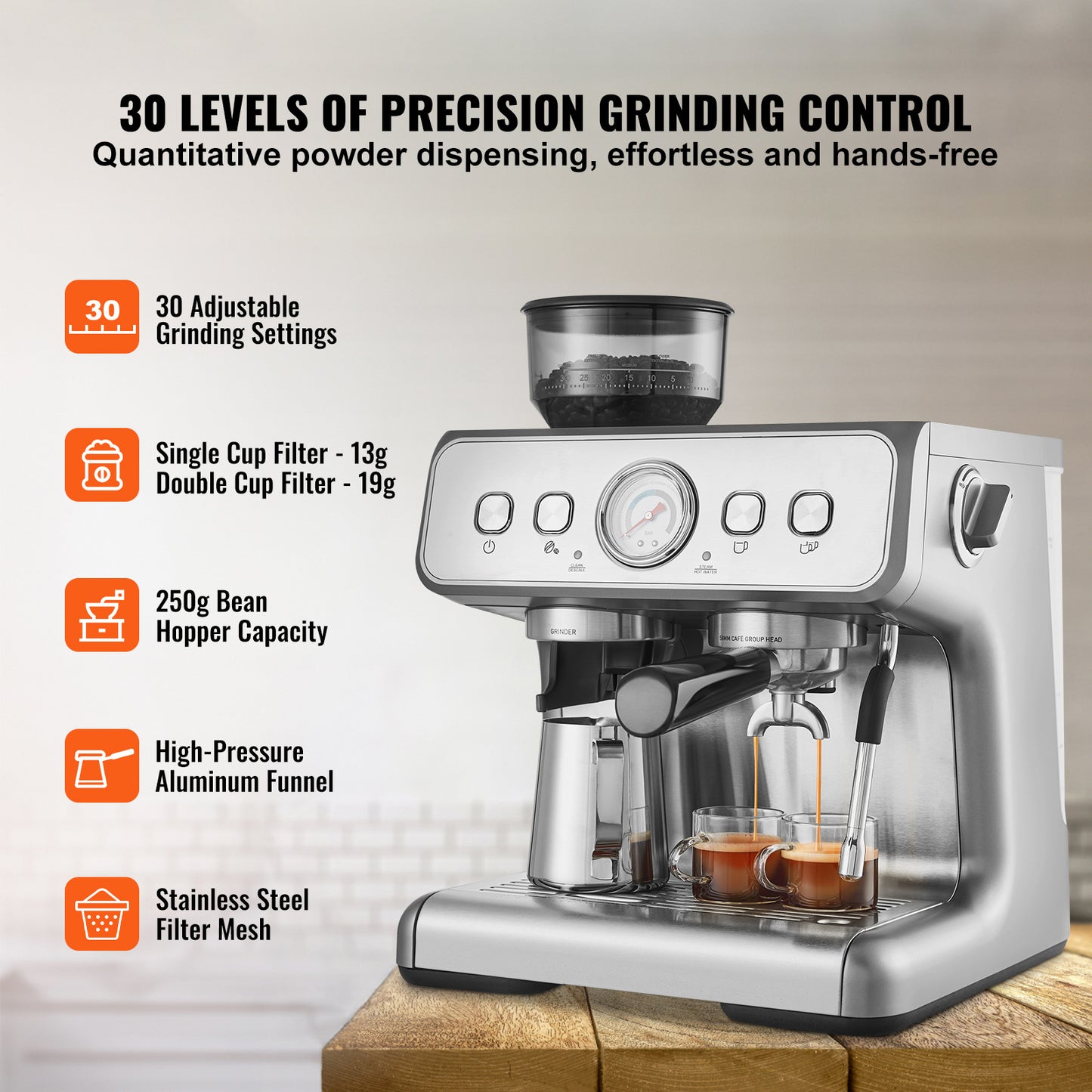 Espressomachine – Koffiemachine – Koffiezetapparaat – Cappuccinomachine – Halfautomaat – Ingebouwde Koffiemolen – 15 Bar Pomp – Afneembare 2,8L Watertank