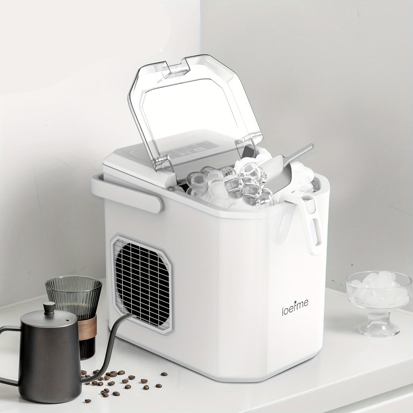 IJsmaker – IJsblokjesmaker – IJsdispenser – IJsapparaat – Kogelvormige IJsmaker Wit – Compact & Draagbaar – Zelfreinigend Met IJskrabber