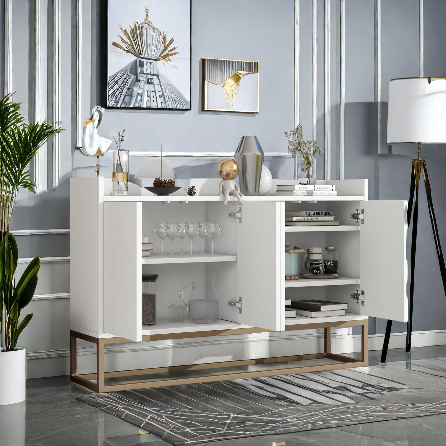 Dressoir – Buffet – Opbergkast – Kast – Sideboard – Wit MDF Met Metaal – 120x30x80 cm – 4 Deuren Met Verstelbare Planken