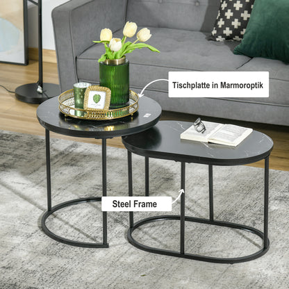 Koffietafel – Bijzettafel – Salontafel – Tafelset – Set Van 2 – Marmerlook – Metalen Onderstel – Ø50 x 50,5 cm – Zwart – Stapelbaar – Modern Design