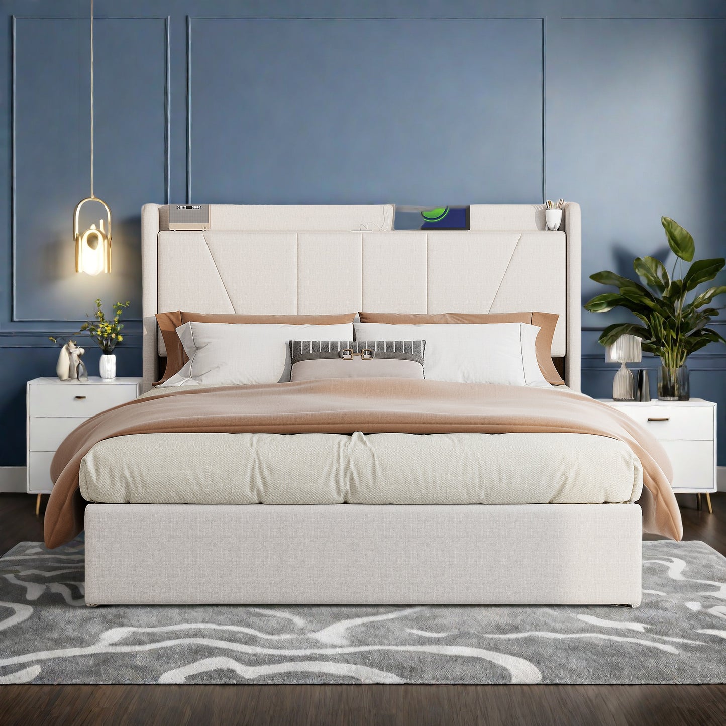 Bedframe – Tweepersoonsbed – Gestoffeerd Bed – Bedplaats – Slaapbank – 160x200 cm – Beige Linnen Bekleding – Hydraulische Opbergruimte