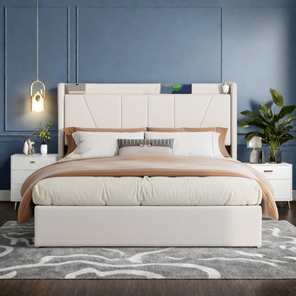Bedframe – Tweepersoonsbed – Gestoffeerd Bed – Bedplaats – Slaapbank – 160x200 cm – Beige Linnen Bekleding – Hydraulische Opbergruimte