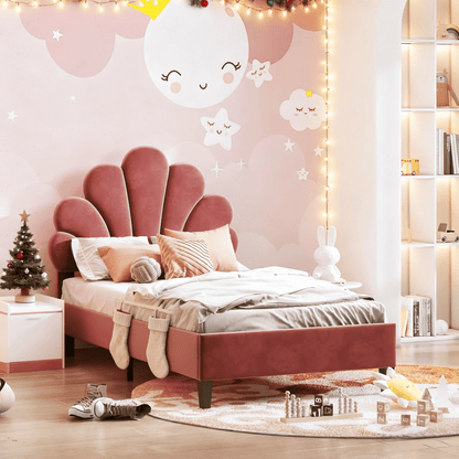 Eenpersoonsbed – Bed – Slaapbank – Kinderbed – Tienerbed – Roze Velvet Bloemvormig Hoofdbord – Stevige MDF Houten Constructie – Geschikt Voor Matras 90x200 cm