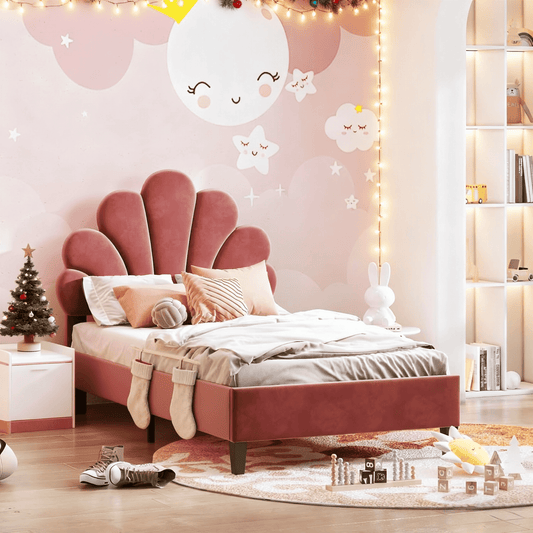 Eenpersoonsbed – Bed – Slaapbank – Kinderbed – Tienerbed – Roze Velvet Bloemvormig Hoofdbord – Stevige MDF Houten Constructie – Geschikt Voor Matras 90x200 cm