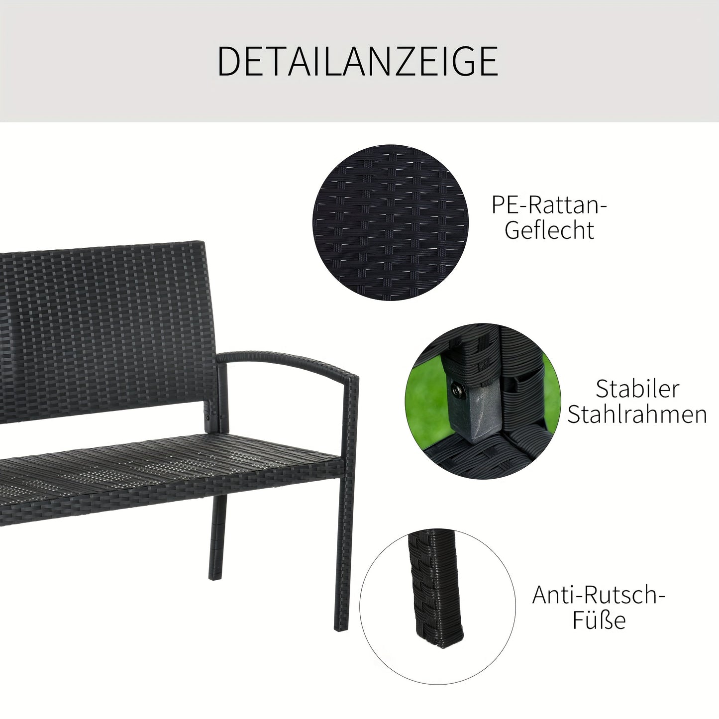 Tuinbank – Buitenbank – Parkbank – Loungebank – Zitbank – Polyrattan – Met Stalen Frame – 2-Zits – Weerbestendig – 122x60x87 cm – Zwart