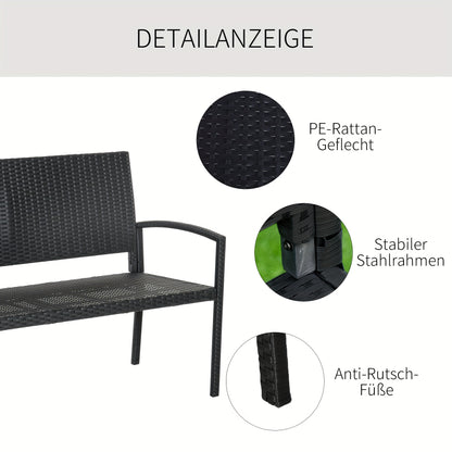Tuinbank – Buitenbank – Parkbank – Loungebank – Zitbank – Polyrattan – Met Stalen Frame – 2-Zits – Weerbestendig – 122x60x87 cm – Zwart