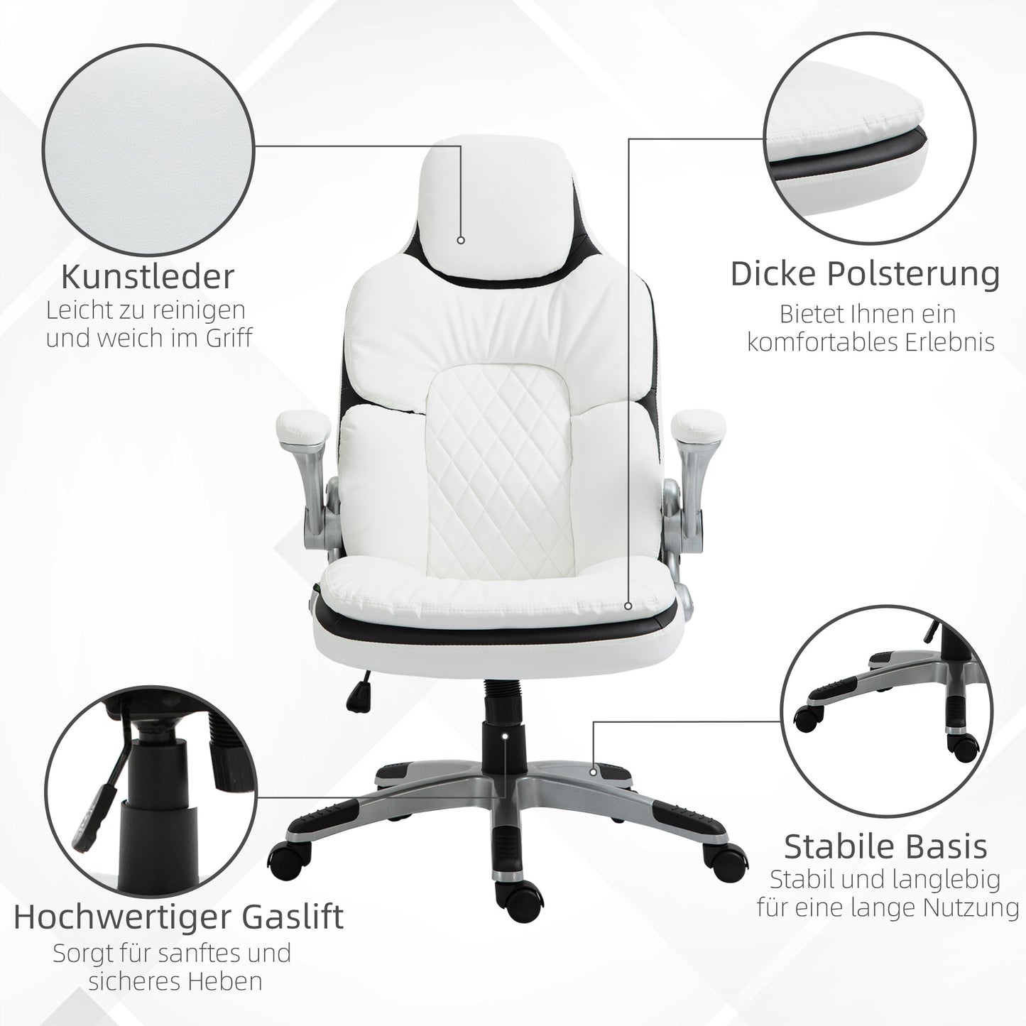 Ergonomische Bureaustoel – Bureaustoel – Kantoorstoel – Werkstoel – Desk Chair – Verstelbare Hoogte – Inklapbare Armleuningen – Kantelbare Rugleuning – Gevoerd PU-Leder – Wit