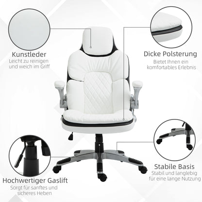 Ergonomische Bureaustoel – Bureaustoel – Kantoorstoel – Werkstoel – Desk Chair – Verstelbare Hoogte – Inklapbare Armleuningen – Kantelbare Rugleuning – Gevoerd PU-Leder – Wit