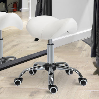 Draaibare Kruk – Zadelkruk – Bureaustoel – Verrijdbare Stoel – Werkkruk – Ergonomisch Zadel – Hoogte Verstelbaar – Witte Kunstleren Bekleding – 5 Zwenkwielen – Chroom Frame