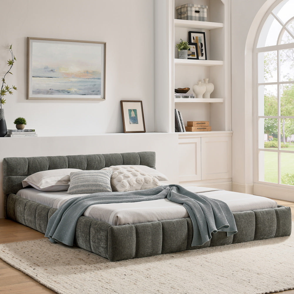 Bedframe – Tweepersoonsbed – Ledikant – Slaapbank – Platformbed – Donkergrijs Chenille – 160x200 cm – Stevig Eucalyptus Hout & IJzeren Frame