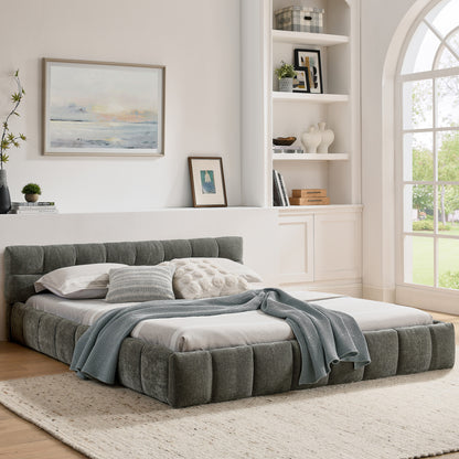 Bedframe – Tweepersoonsbed – Ledikant – Slaapbank – Platformbed – Donkergrijs Chenille – 160x200 cm – Stevig Eucalyptus Hout & IJzeren Frame