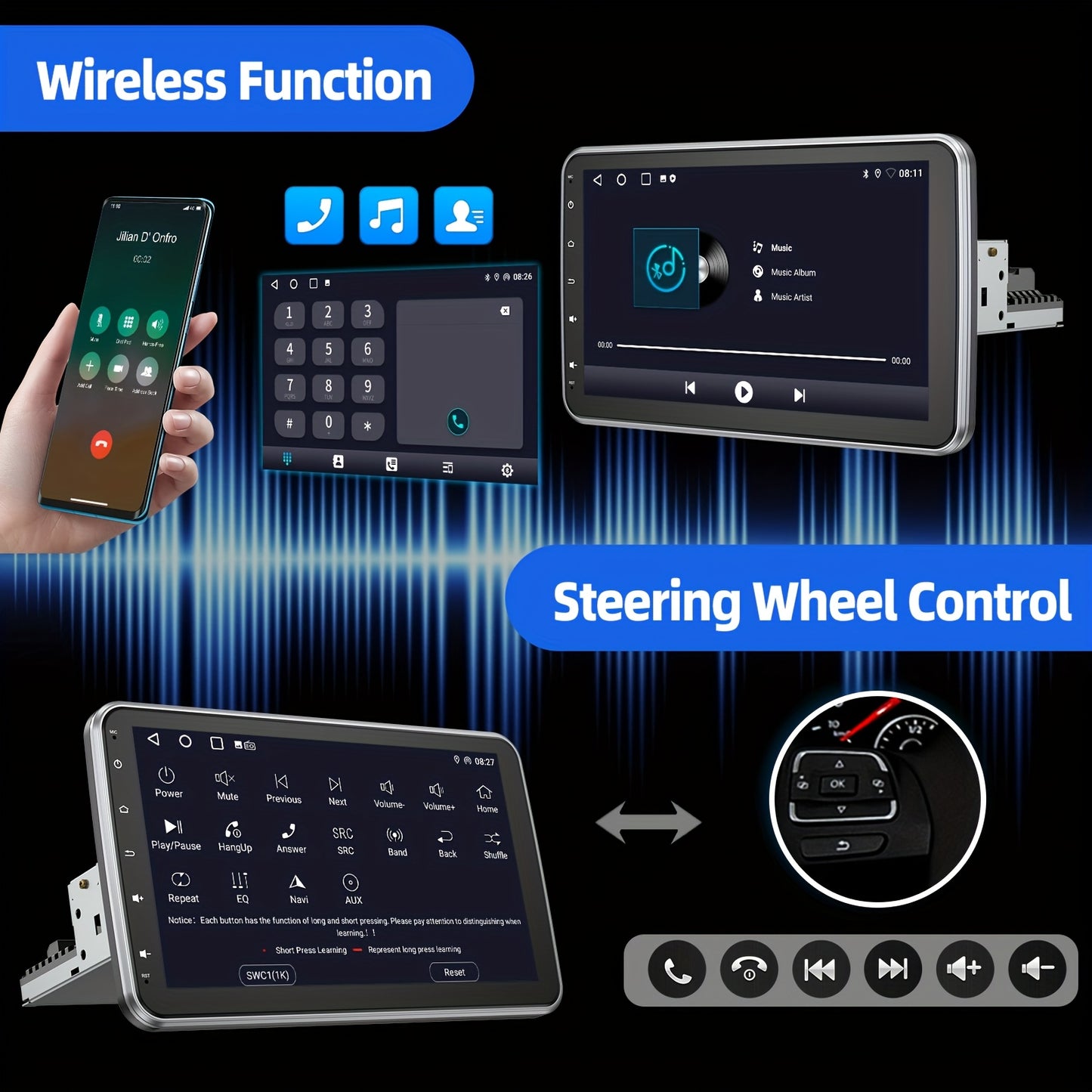 10,1" Autoradio – Draaibare Auto Stereo – Android Car Player – Single DIN Radio – Autospeler – DAB+ Radio – AHD Achteruitrijcamera – Android 14.0 – Split Screen Touchscreen