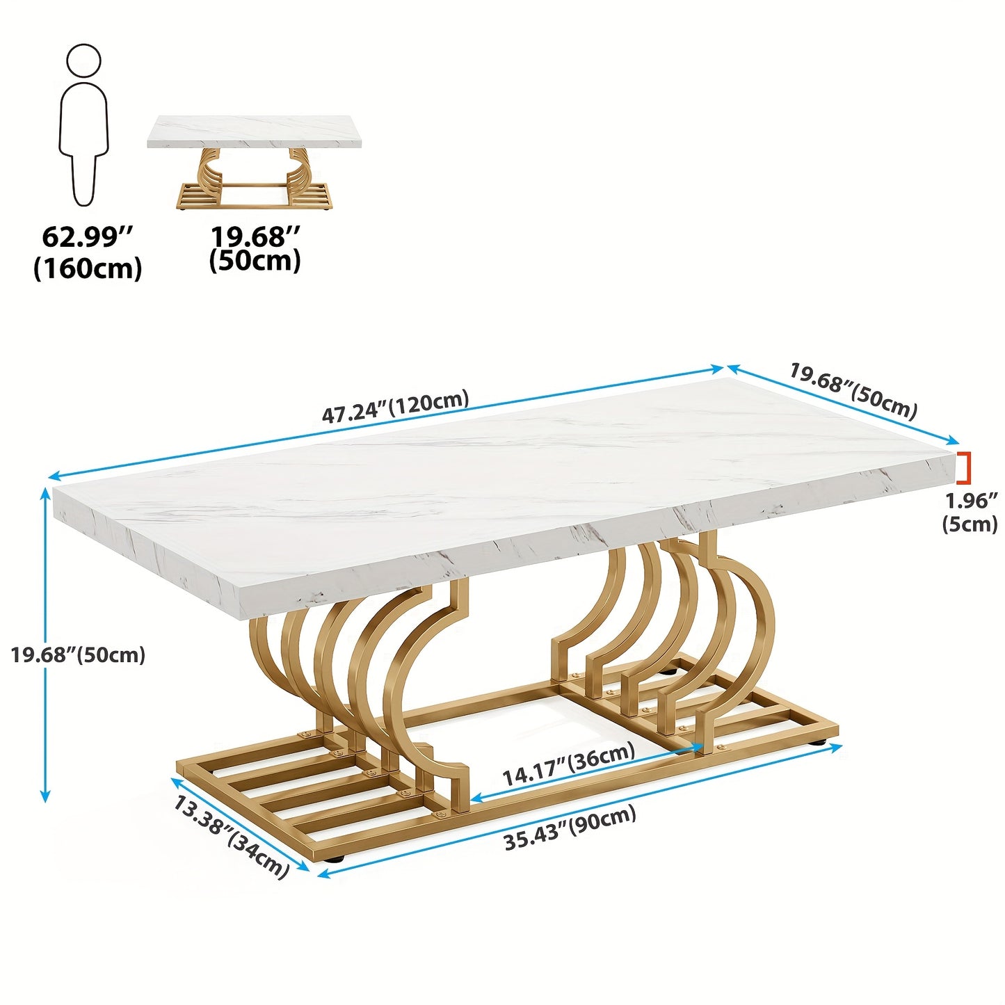 Salontafel – Koffietafel – Tafel – Woonkamertafel – Bijzettafel – Rechthoekig – Kunststof Marmerlook Blad – Goudkleurig Metalen Frame – 120x60 cm – Eenvoudig te Monteren