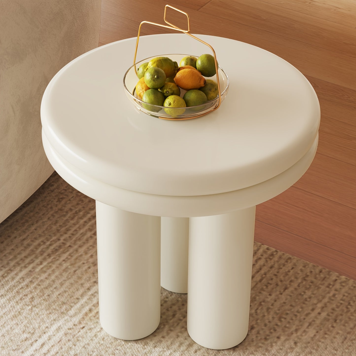 Bijzettafel – Sofa Tafel – Sidetable – Nachtkastje – Salontafel – Massief Hout – Compact Rond Design – Roomwit Afwerking – Minimalistisch – Stevig
