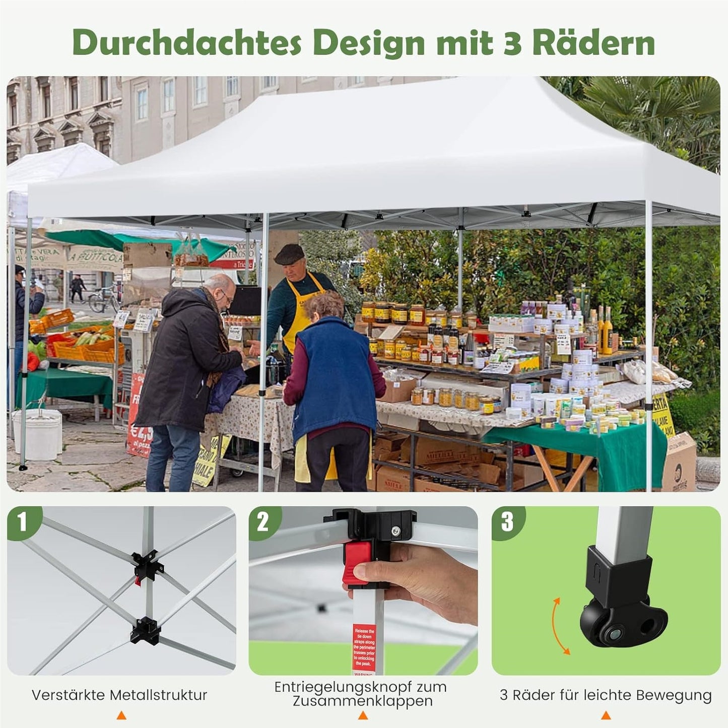 Vouwpaviljoen – Partytent – Tuinpaviljoen – Prieel – Tent – Wit – UV Bescherming SPF 50+ – Waterdicht & Stevig Met Wielen