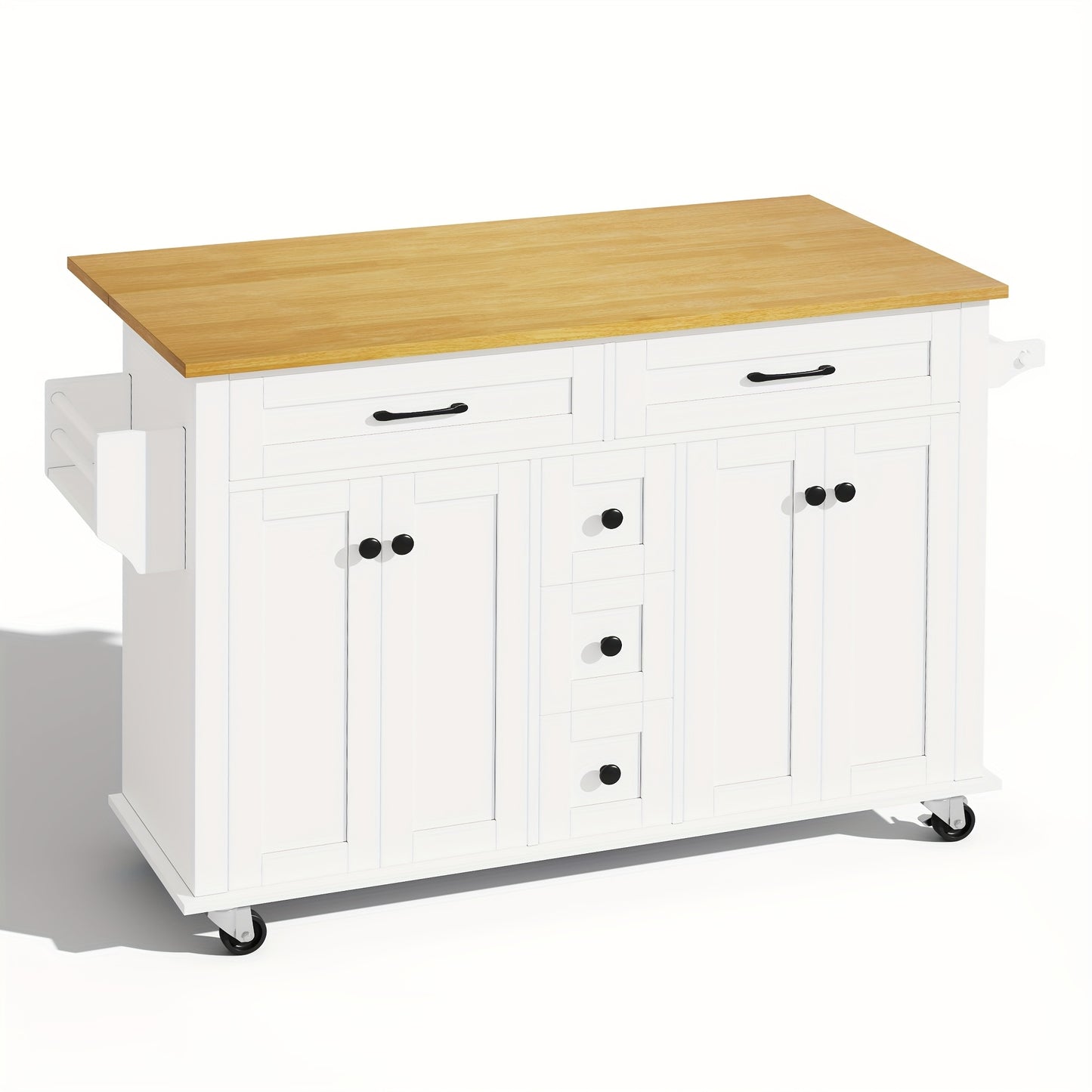 Multifunctional Kitchen Trolley with Folding Worktop, 120 X 65cm, Extendable, with 5 Drawers, Cupboards, Spice And Towel Racks, On Castors - Kitchen Island for Kitchen, Dining Room And Living Room, Storage Drawer Units
