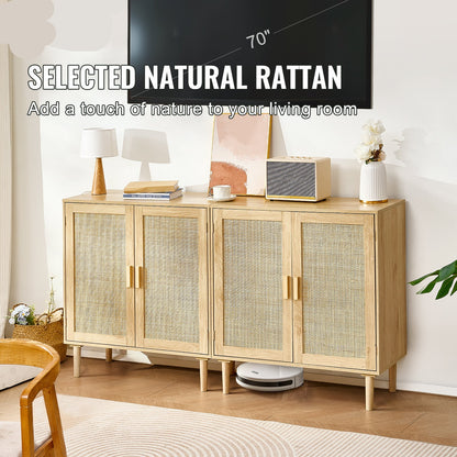 Rotan Kast – Opbergkast – Dressoir – Buffetkast – Ladekast – Handgevlochten Rattan Deuren – Verstelbare Planken – Set Van 2 – Natuurlijke Kleur