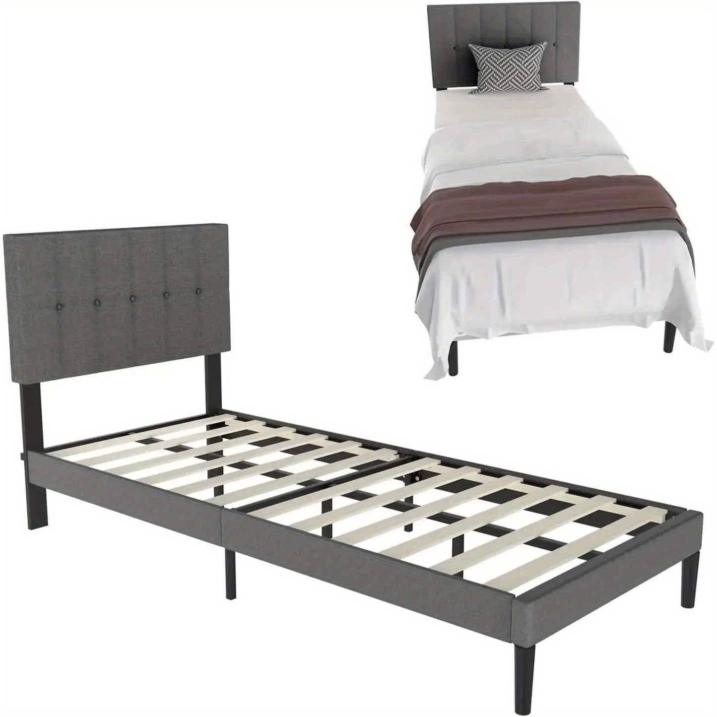 Bedframe – Bed – Slaapbed – Ledikant – Boxspring – Lichtgrijs Linnen – 140x200 cm – Stevig Multiplex – Comfortabele Hoofdbord