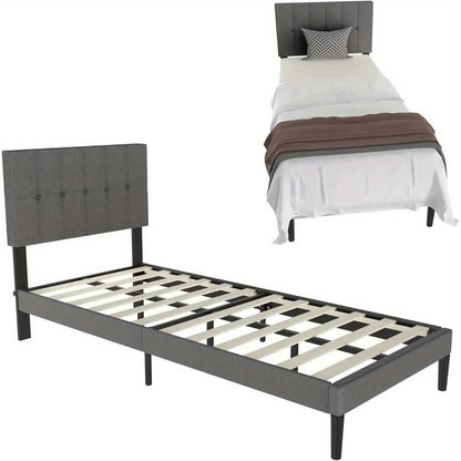 Bedframe – Bed – Slaapbed – Ledikant – Boxspring – Lichtgrijs Linnen – 140x200 cm – Stevig Multiplex – Comfortabele Hoofdbord