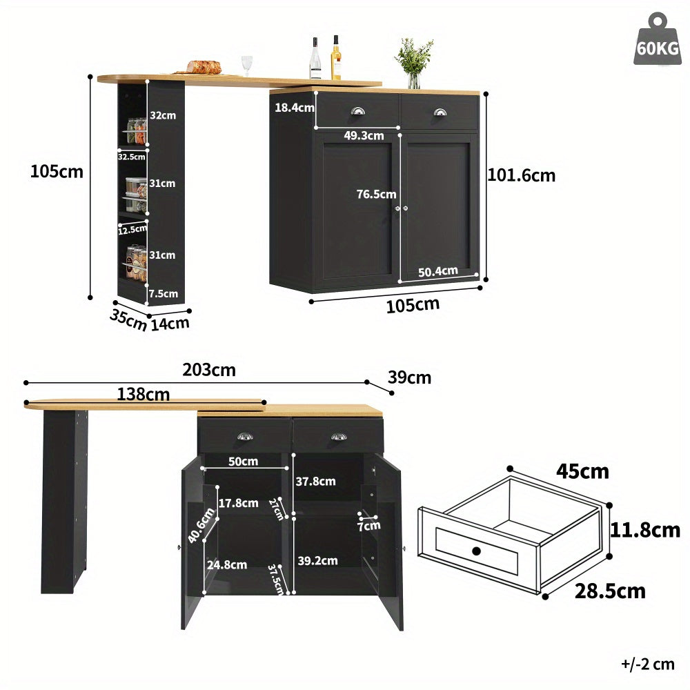 360° Rotating Modern Storage Island with 2 Drawers, 2 Doors & Open Shelves - Multi-Functional Black Cabinet with Spacious Countertop, Space-Saving Design for Kitchen, Living Room, Bedroom - Durable Metal Construction, Floor-