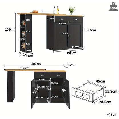 360° Rotating Modern Storage Island with 2 Drawers, 2 Doors & Open Shelves - Multi-Functional Black Cabinet with Spacious Countertop, Space-Saving Design for Kitchen, Living Room, Bedroom - Durable Metal Construction, Floor-