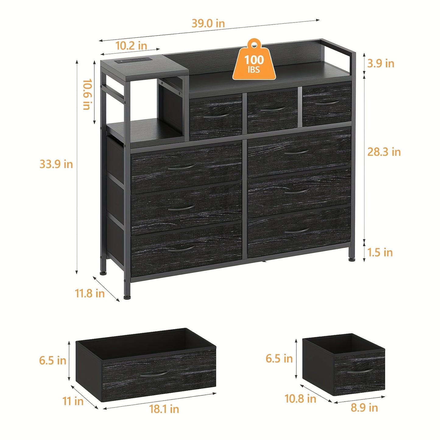 Drawer cabinet, dresser with 9 drawers, storage cabinet suitable for bedroom, wide dresser with shelves, for storage and organization, 100*30*86cm