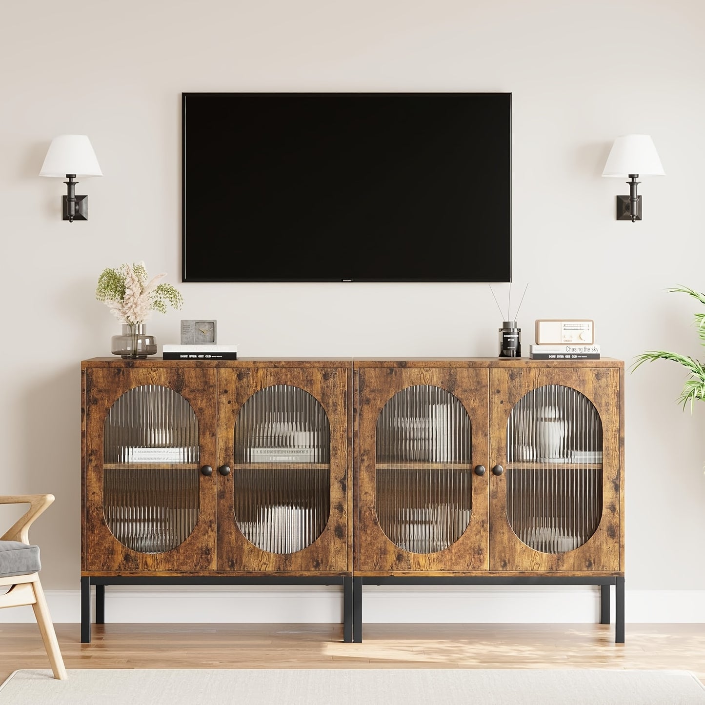 80.01cm Modern Rustic Buffet Cabinet with Glass Doors - Brown -Standing Suitable for Living Room, Dining Room, Kitchen & Entryway, Easy Assembly, Multi-Functional as TV Stand or Accent Cabinet