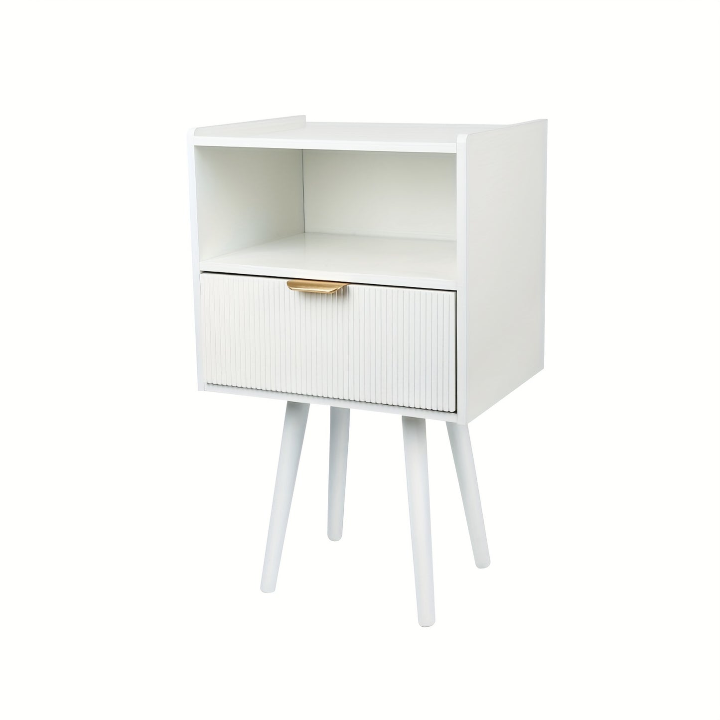 Nachtkastje – Bijzettafel – Sidetable – Bedtafel – Opbergkastje – Wit MDF Met Houten Poten – Lade En Open Vak – Compact 42x30x65 cm