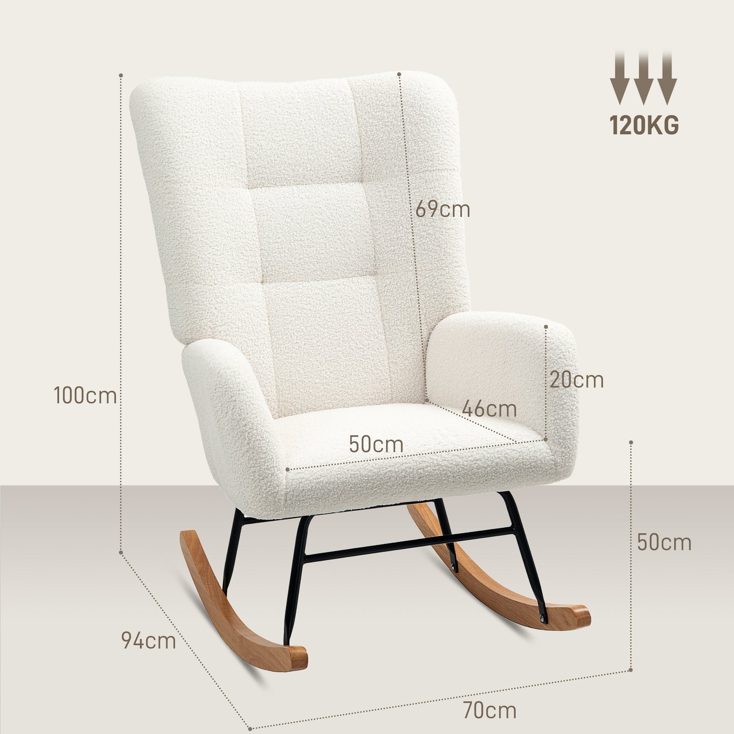Rocking Chair, Cuddly Upholstery, Thick Padding, Slip-Resistant, Creamy White