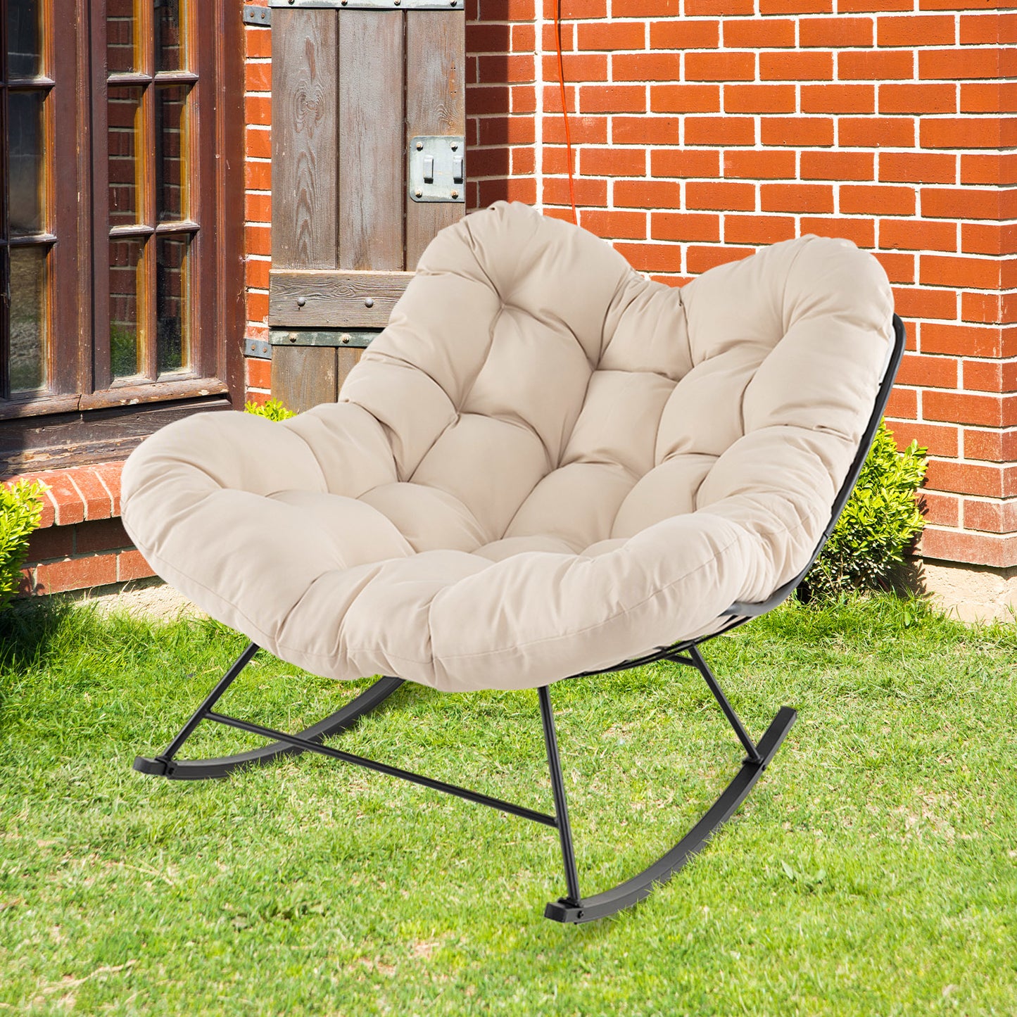 Schommelstoel – Relaxstoel – Hangstoel – Papasan Stoel – Rotan Stoel – Oversized Egg Chair – Met Comfortabele Gevoerde Kussen – Met 450 Kg Sterk Metaal Frame – Beige