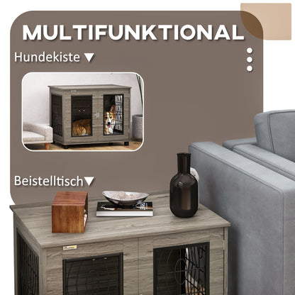 Hondenbench – Hondenkooi – Hondenhok – Reisbench – Bench – Met Zachte Wasbare Mat – Voor Middelgrote Honden Tot 20 kg – Grijs Met Houtdecor