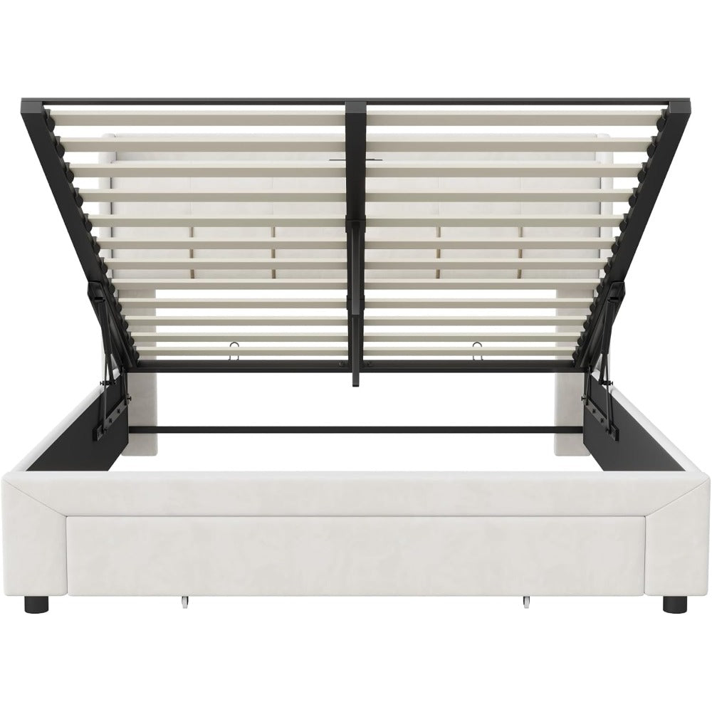 Tweepersoonsbed – Bed – Ledikant – Boxspring – Slaapbank – Gebroken Wit – 160x200 cm – Opbergruimte Hoofdbord – Geïntegreerde USB-poort & LED-sfeerverlichting