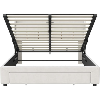 Tweepersoonsbed – Bed – Ledikant – Boxspring – Slaapbank – Gebroken Wit – 160x200 cm – Opbergruimte Hoofdbord – Geïntegreerde USB-poort & LED-sfeerverlichting