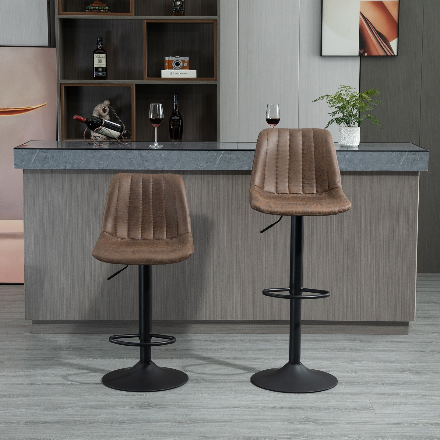 Barkrukken – Barkruk – Barstoel – Keukenkruk – Hoge Stoel – Vintage Look – Verstelbare Zithoogte – 360° Draaibaar – Set Van 2 – Bruine Bekleding