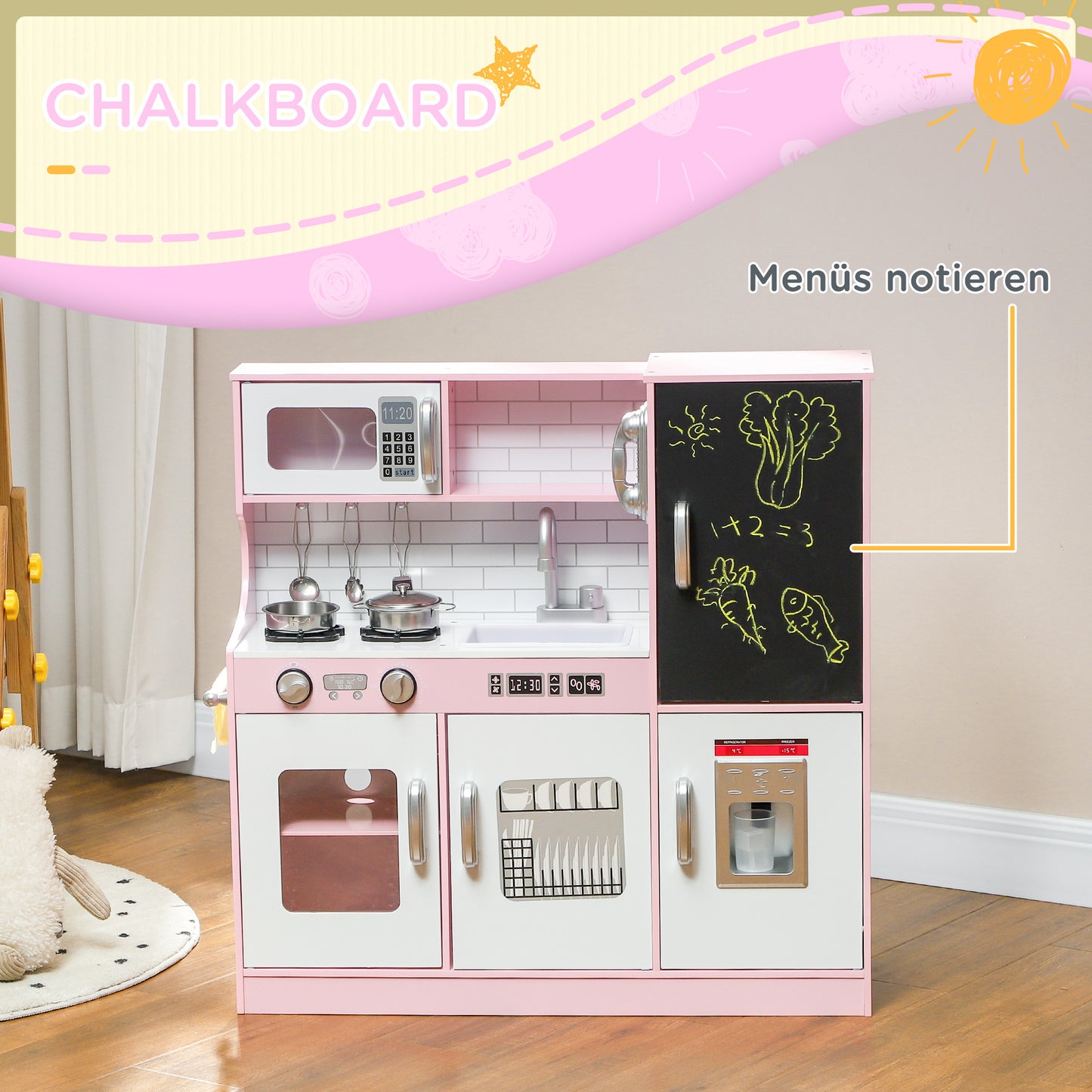 Speelkeuken – Speelkeukentje – Kinderkeuken – Speelgoedkeuken – Keukentje Roze – Inclusief Krijtbord – Accessoires – Afmetingen 83,8x26,8x81 cm